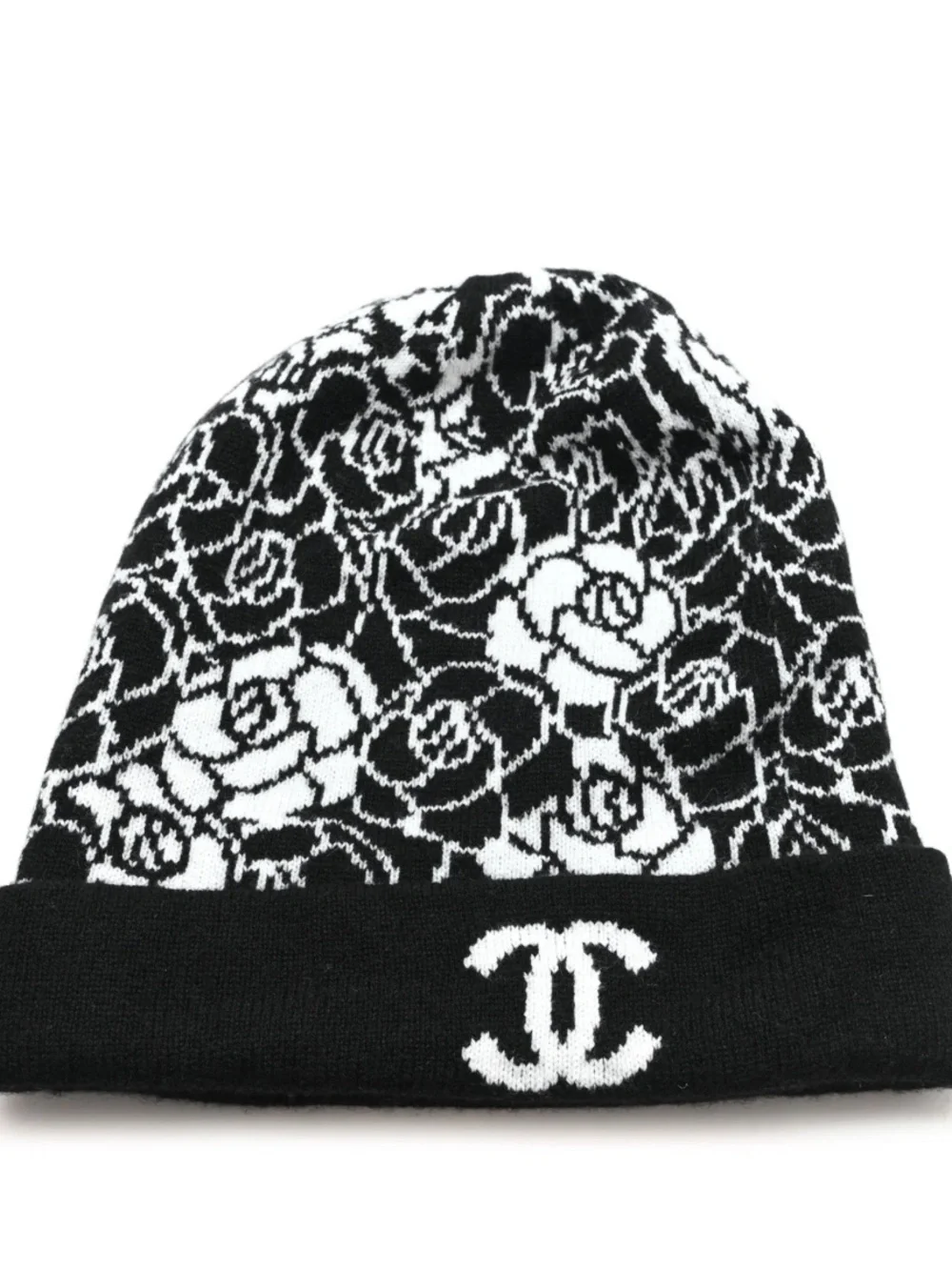 Camellia Logo Beanie 23K Black and White Cashmere, Wool, Silk